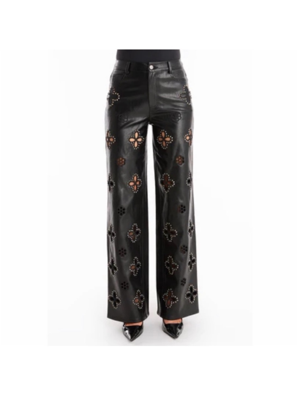NWT The Noli Shop 30 vegan Leather Kaia cutout Floral stud wide Leg Pants